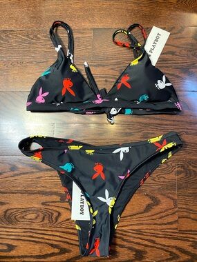 Brand New Vintage Playboy Swimwear 2piece Bikini Set black L